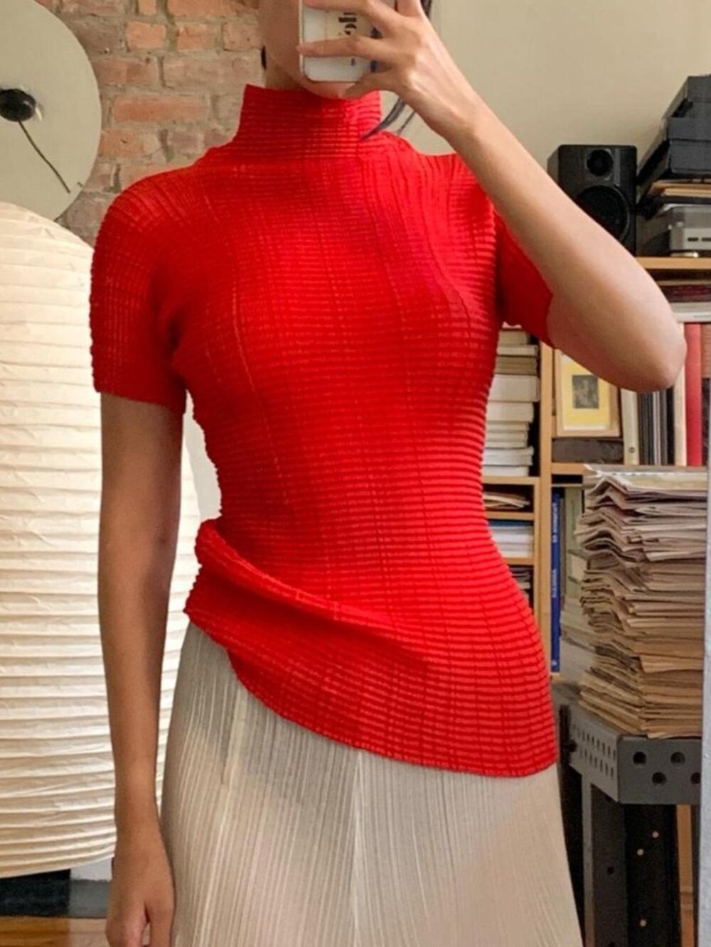 Issey Miyake Wooly Red Mockneck Top M